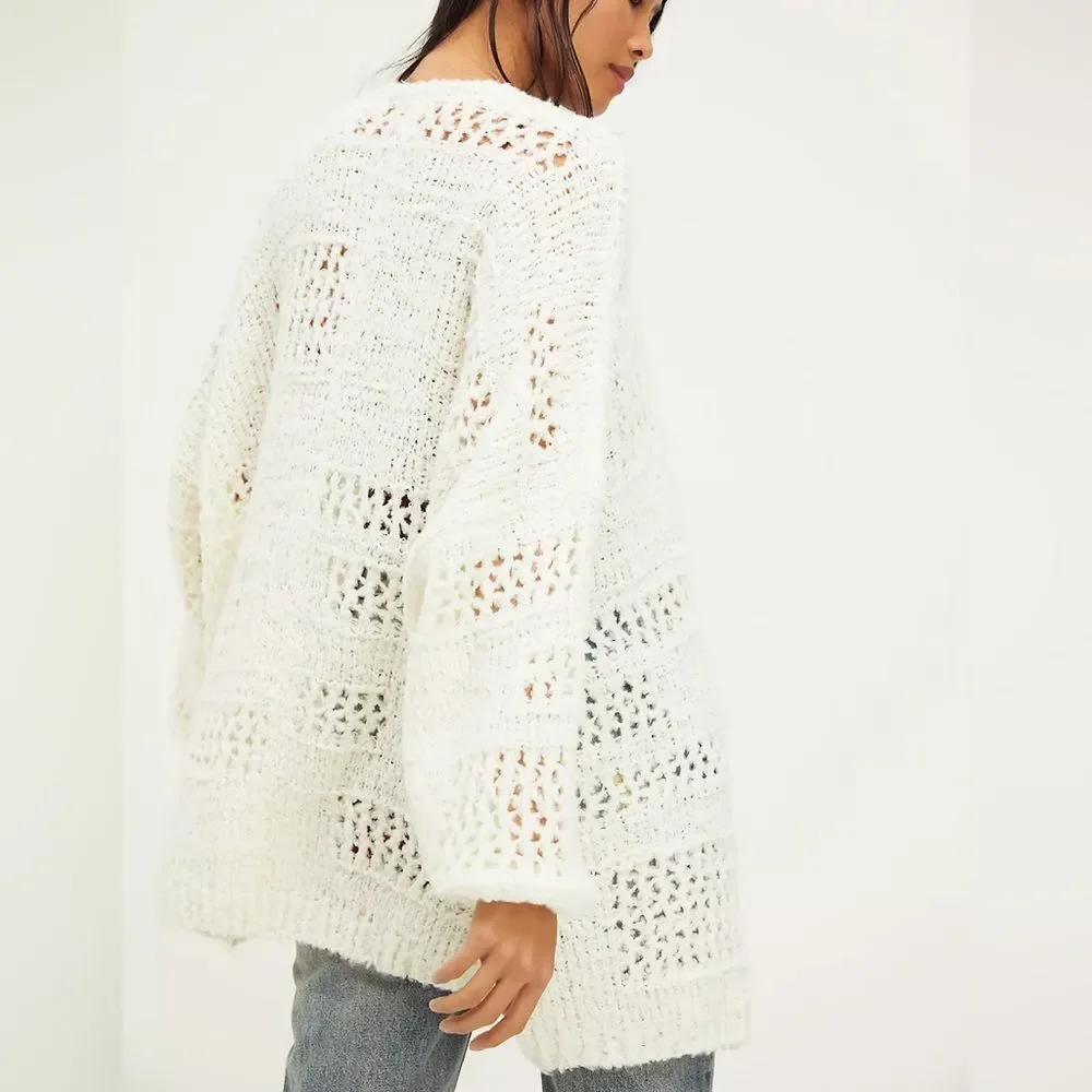 Free People Saturday Morning Cardi in Evening Cream Open-Knit Cardigan Sweater